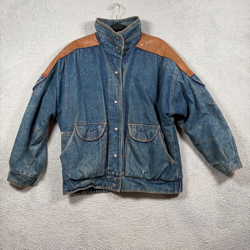 VTG 80s‎ IZZI Mens M Trucker Denim Bomber Jacket Sherpa Leather Oversized Rugged